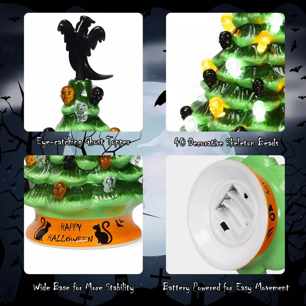 Costway 11.5 in. Green Ceramic LED Haunted Halloween Tree with Ghost and Skeleton Accents