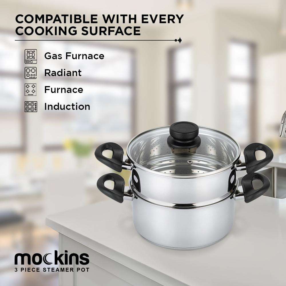 Mockins 3-Piece Stainless Steel Steamer Pot Set with 3 Qt. Saucepot and 2 Qt. Steamer Insert
