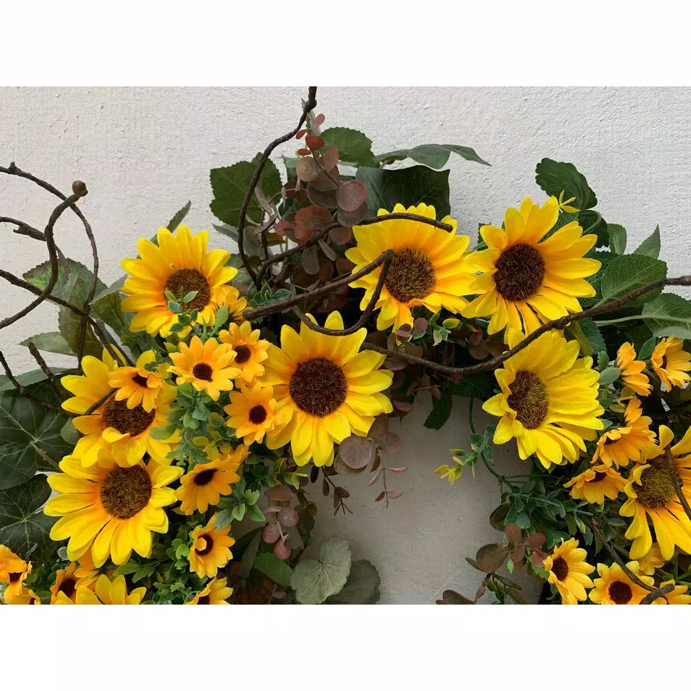 Glitzhome 24 in. Artificial Sunflower Wreath with Greenery and Grapevine Base