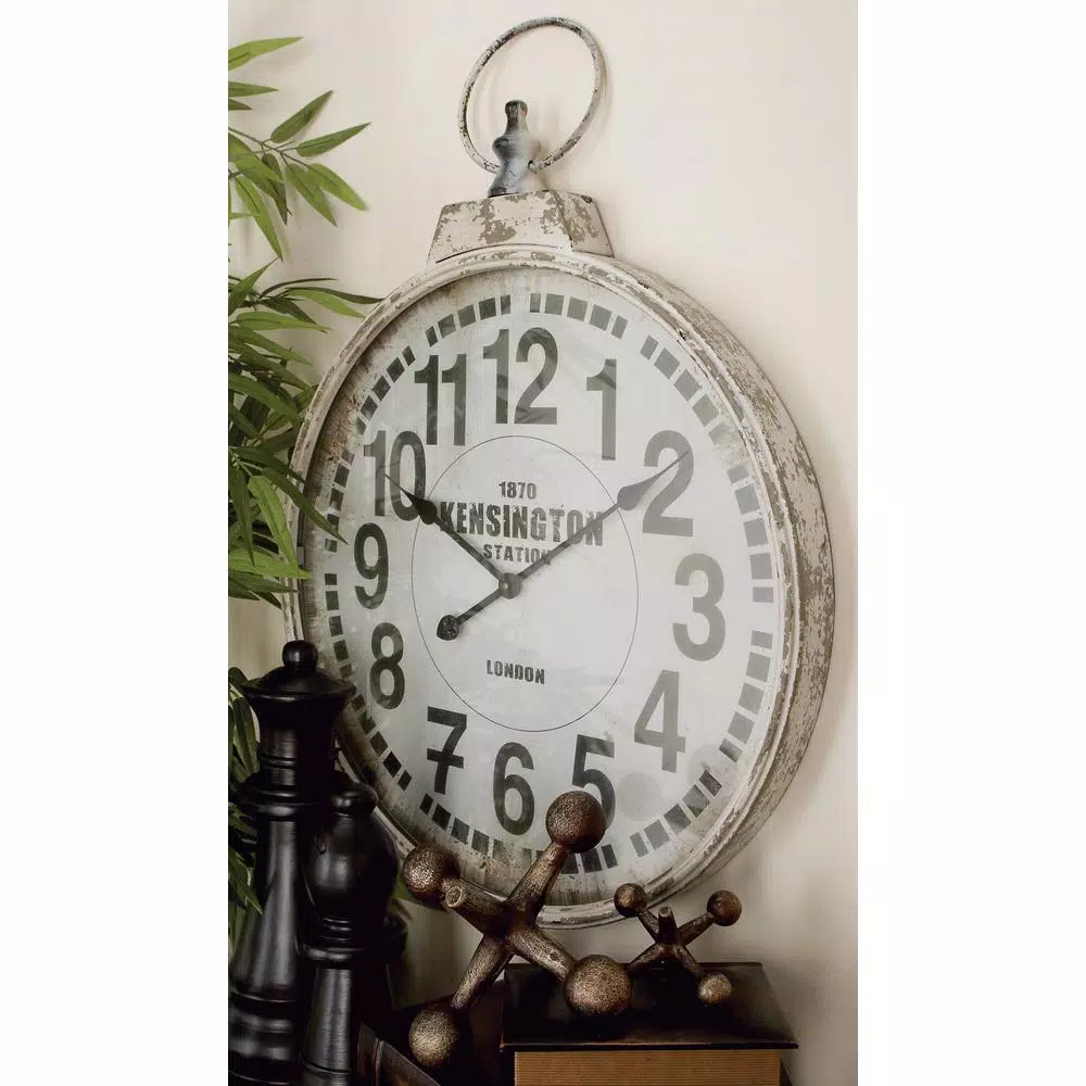 LITTON LANE 32 in. London Inspired Antique Round Wall Clock - Distressed White Metal Farmhouse Decor
