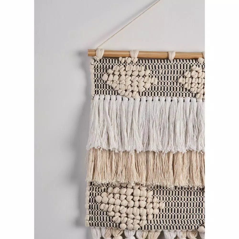 LR Home Bohemian Neutral Ivory Tasseled Wall Tapestry - Hand Woven Cotton Wall Hanging