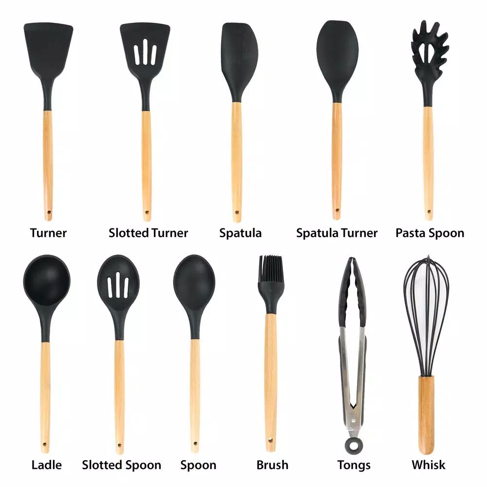 MegaChef 12-Piece Black Silicone and Wood Kitchen Utensil Set
