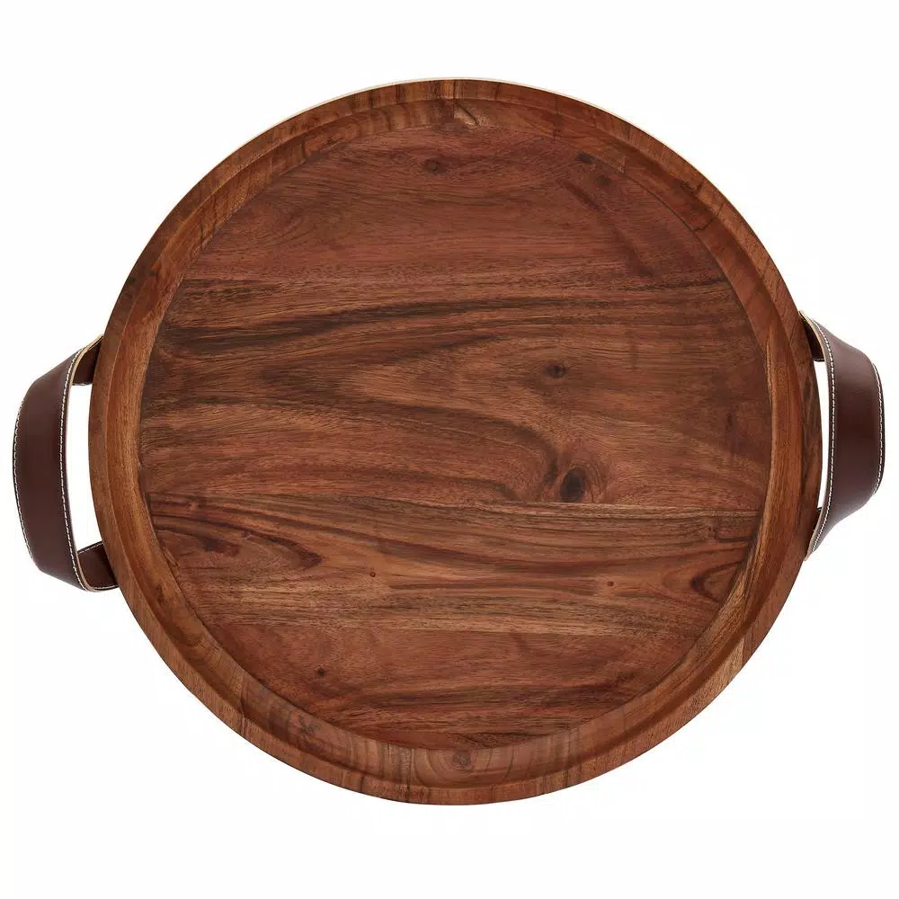 Mason Craft & More 19 in. Round Acacia Wood Serving Tray with Faux Leather Handles