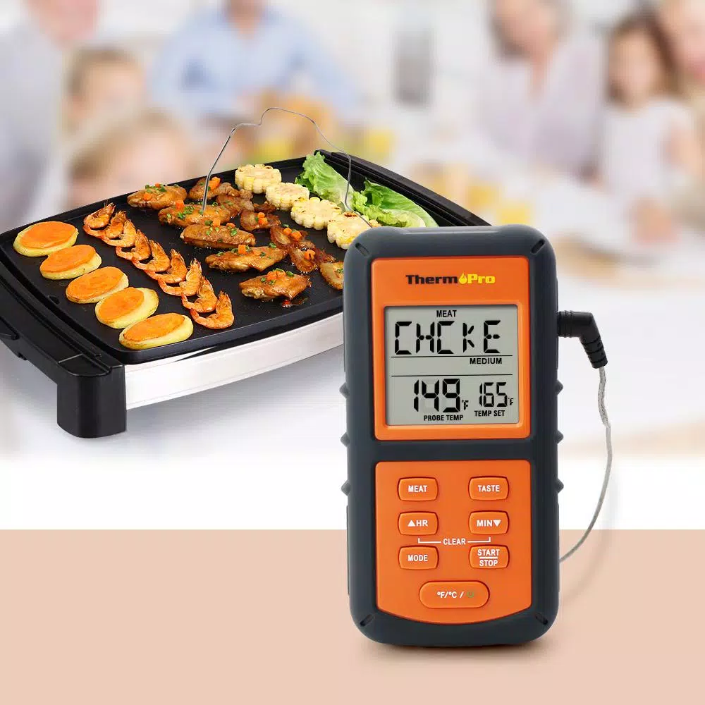 ThermoPro TP-06 Digital Meat Thermometer with Color-Changing LCD, Probe, and Timer - Orange