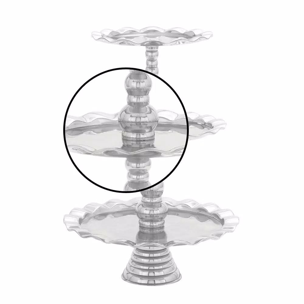LITTON LANE 24 in. Polished Silver Aluminum 3-Tier Wavy-Ribbon-Rimmed Round Tray Stand
