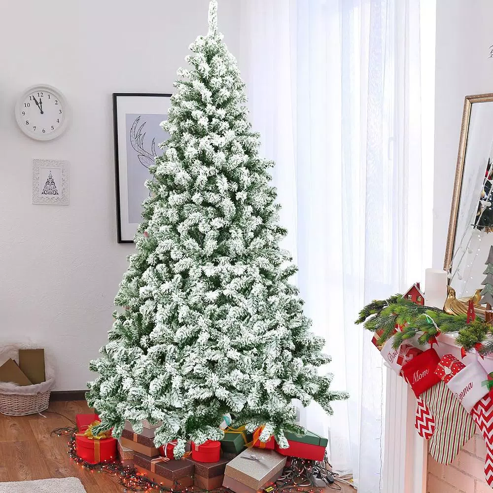 Costway 7.5 ft. Snow Flocked Hinged Pine Artificial Christmas Tree, 1346 Tips, Unlit