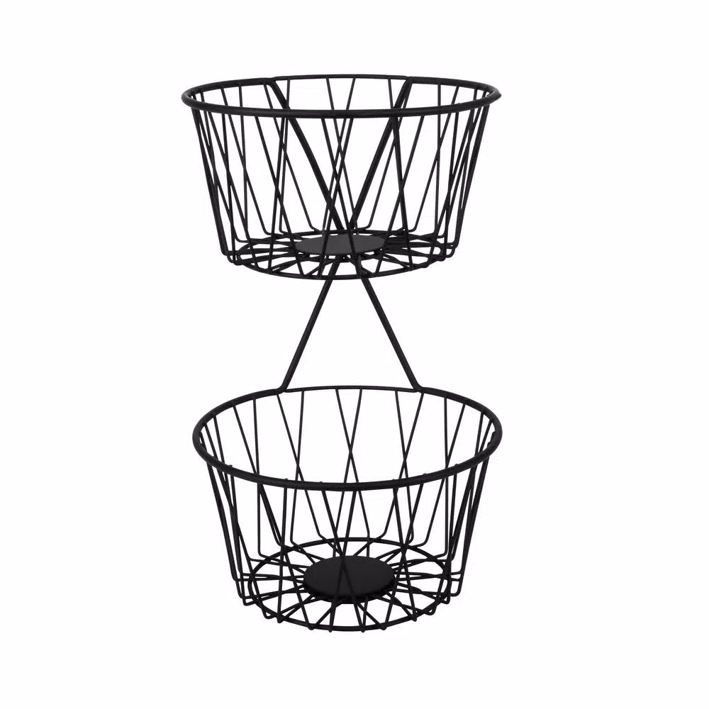 Spectrum Paxton 2-Tier Black Steel Fruit Basket Server, Rustic Farmhouse Design