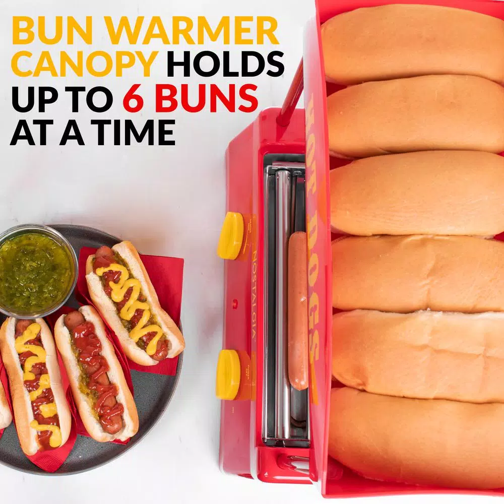 Nostalgia Red 8-Hot Dog Roller and 6-Bun Warmer Countertop Specialty Grill