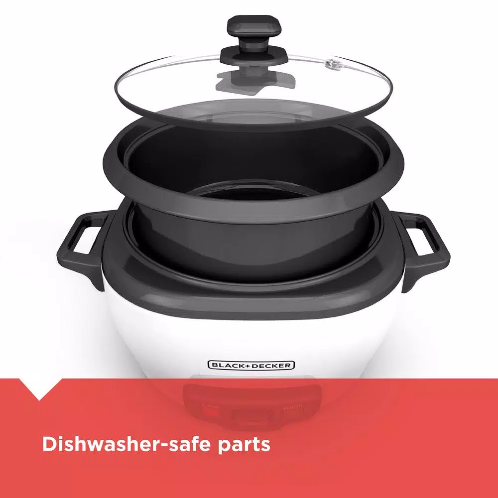 BLACK+DECKER 3-Cup White Electric Rice Cooker with Steaming Basket and Non-Stick Pot