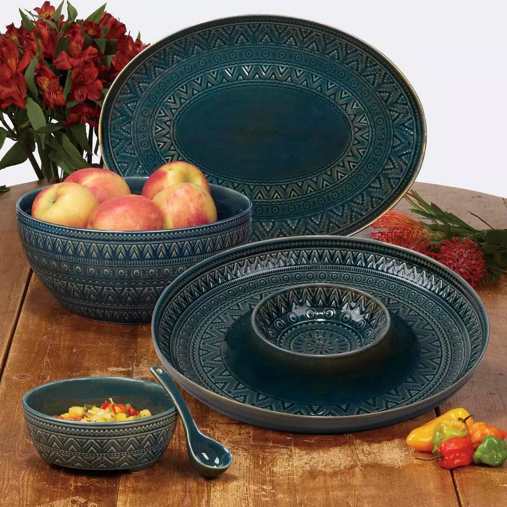 Certified International Aztec Teal 15.75 in. Oval Stoneware Platter