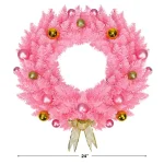 Costway 24 in. Pink Artificial PVC Christmas Wreath with Ornament Balls and Golden Bow thumbnail 2