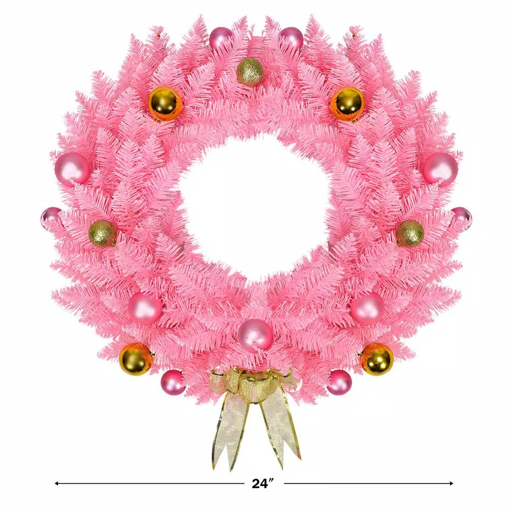 Costway 24 in. Pink Artificial PVC Christmas Wreath with Ornament Balls and Golden Bow