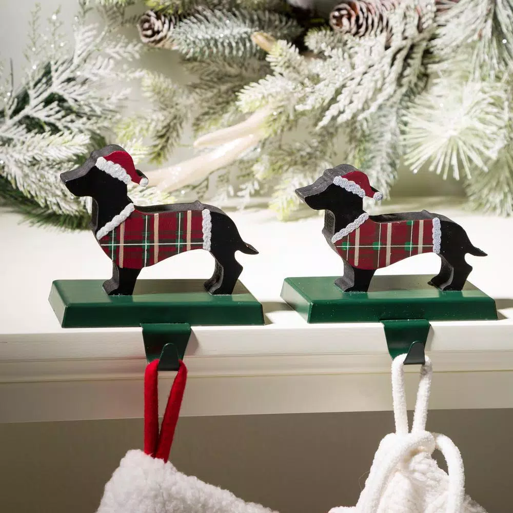 Glitzhome Dachshund Wooden and Metal Stocking Holder Set of 2 - Dog Christmas Mantel Decor