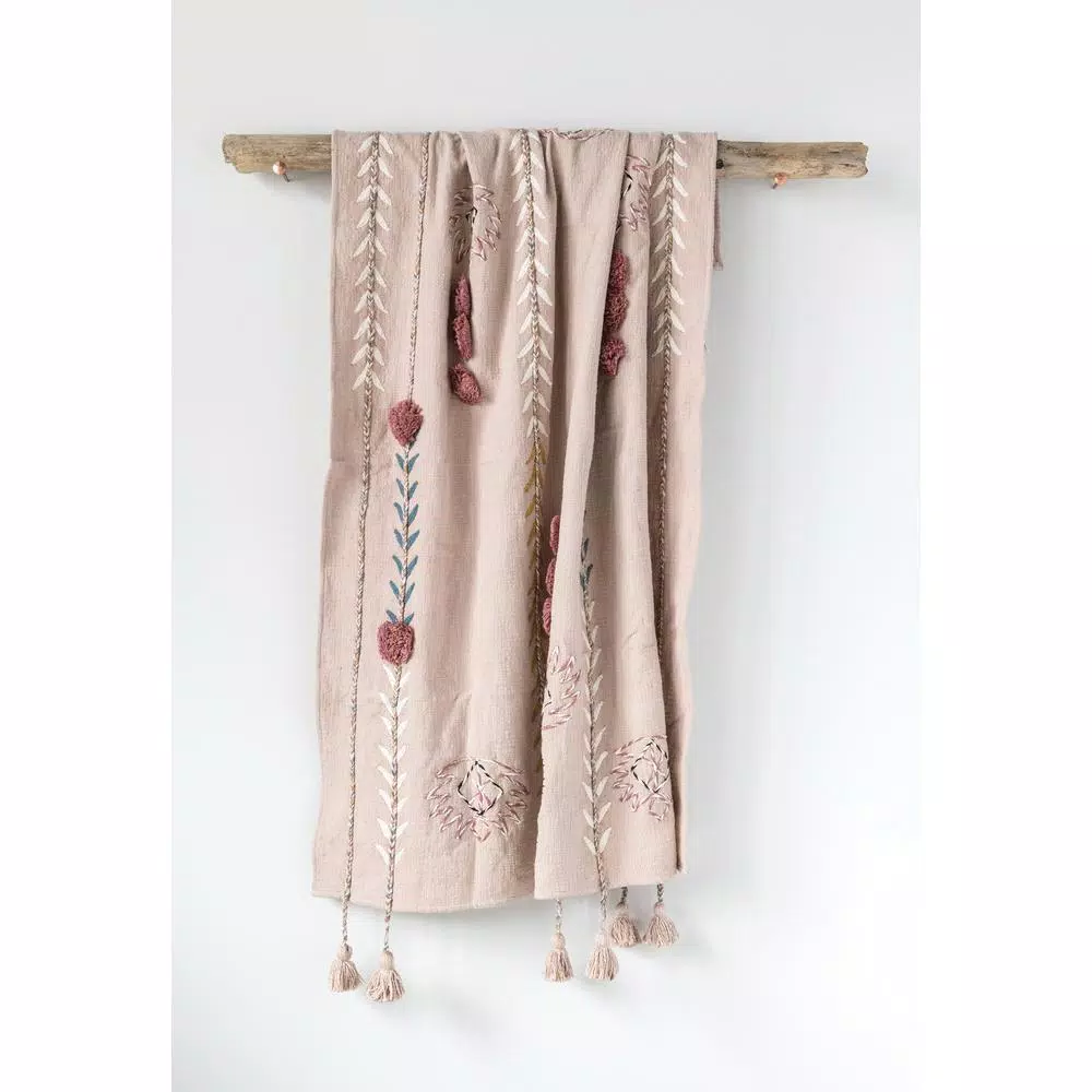 3R Studios Pink Cotton Decorative Throw Blanket with Applique, Pom Poms and Tassels