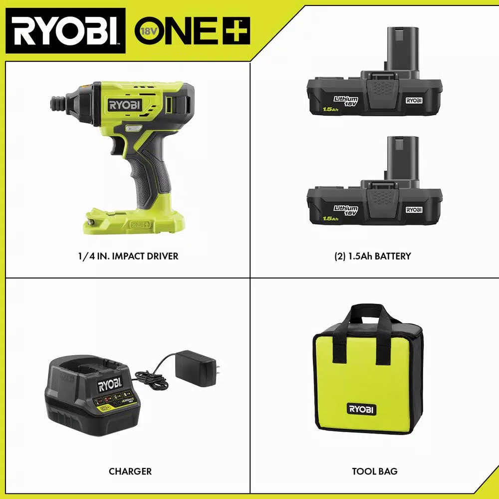 RYOBI 18V ONE+ Cordless 1/4 in. Impact Driver Kit with (2) 1.5 Ah Batteries, Charger, and Bag