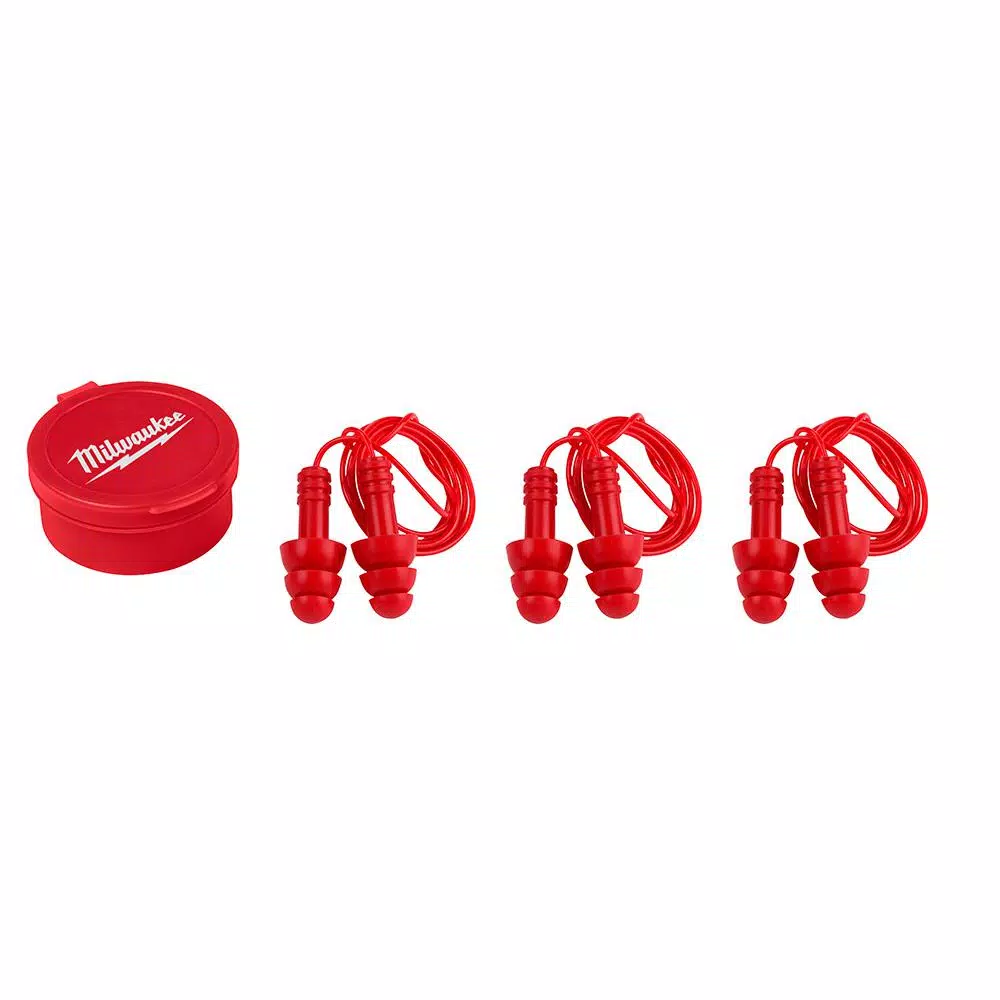Milwaukee Corded Reusable Red Earplugs, 26 dB NRR (3-Pack)