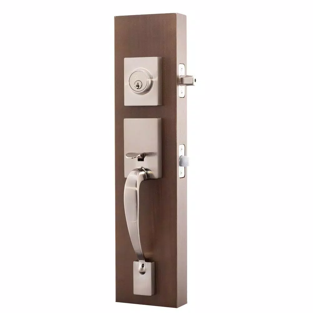 Copper Creek Craftsman Satin Stainless Front Door Handleset with Left-Hand Scandinavian Lever Trim