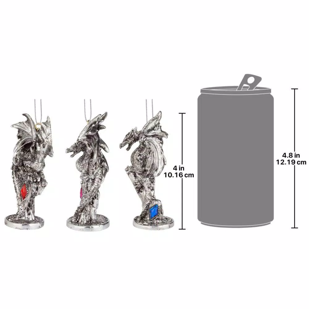 Design Toscano Three Dragons of the Amesbury Holiday Gemstone Ornament Set, 3-Piece Silver Resin