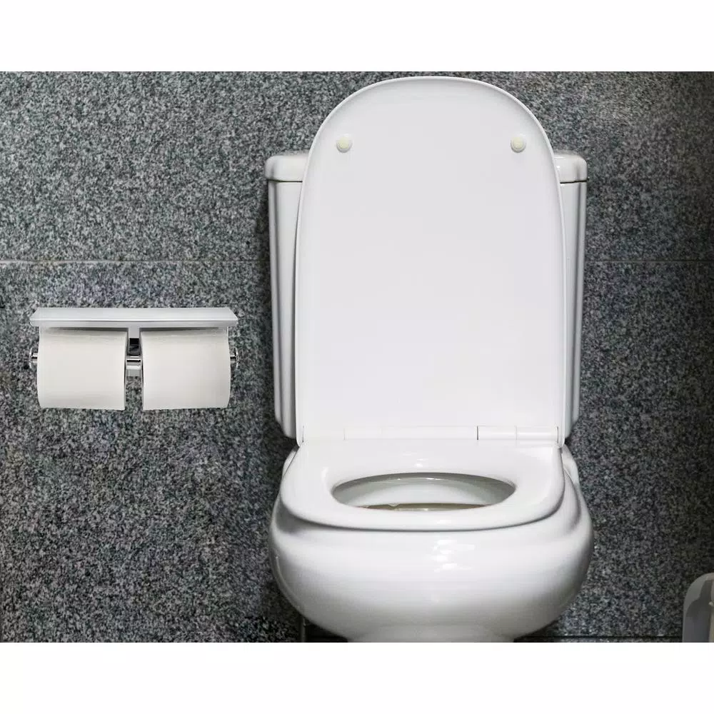 Alpine Industries Double Post Toilet Paper Holder with Storage Shelf, Chrome Finish
