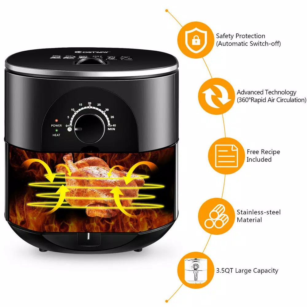 Costway 3.5 Qt. Electric Stainless Steel Air Fryer Oven, 1300W Oilless Cooker with Auto Shut-Off
