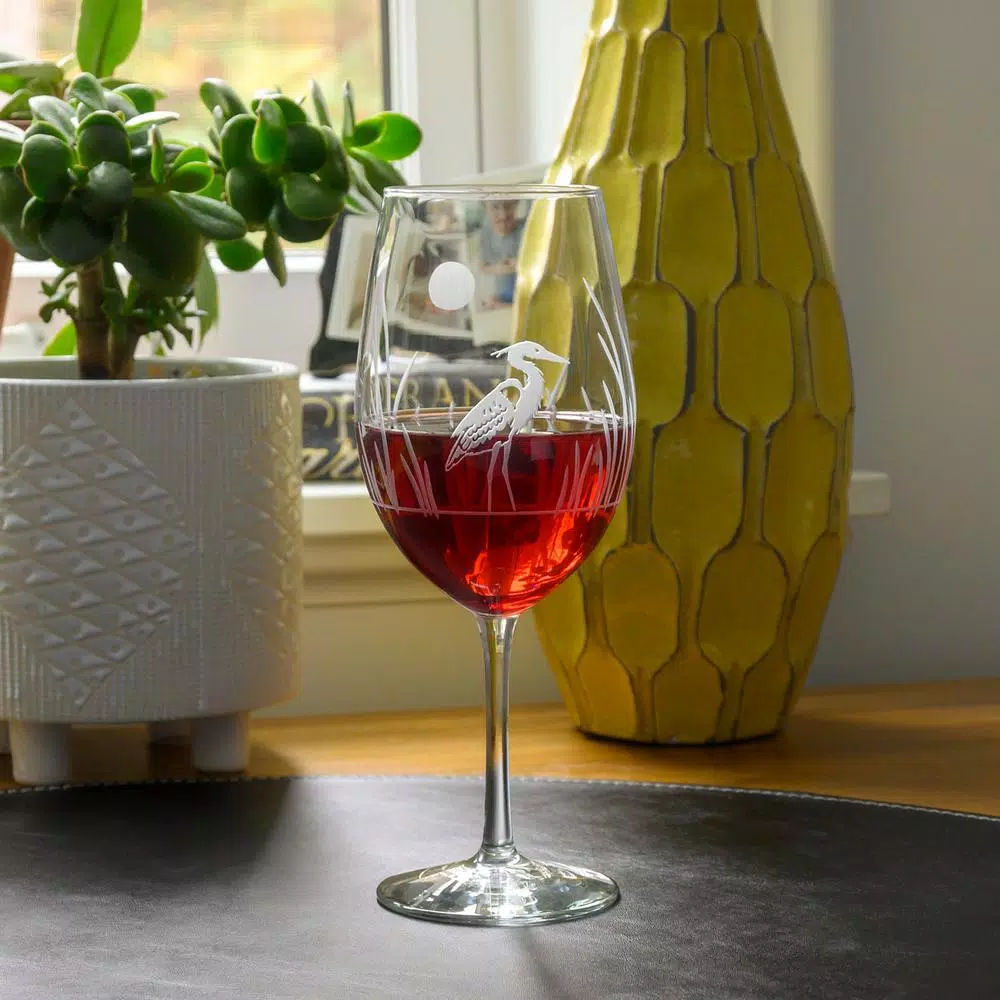 Rolf Glass Heron 18 oz. All-Purpose Wine Glass Set of 4, Etched Glassware