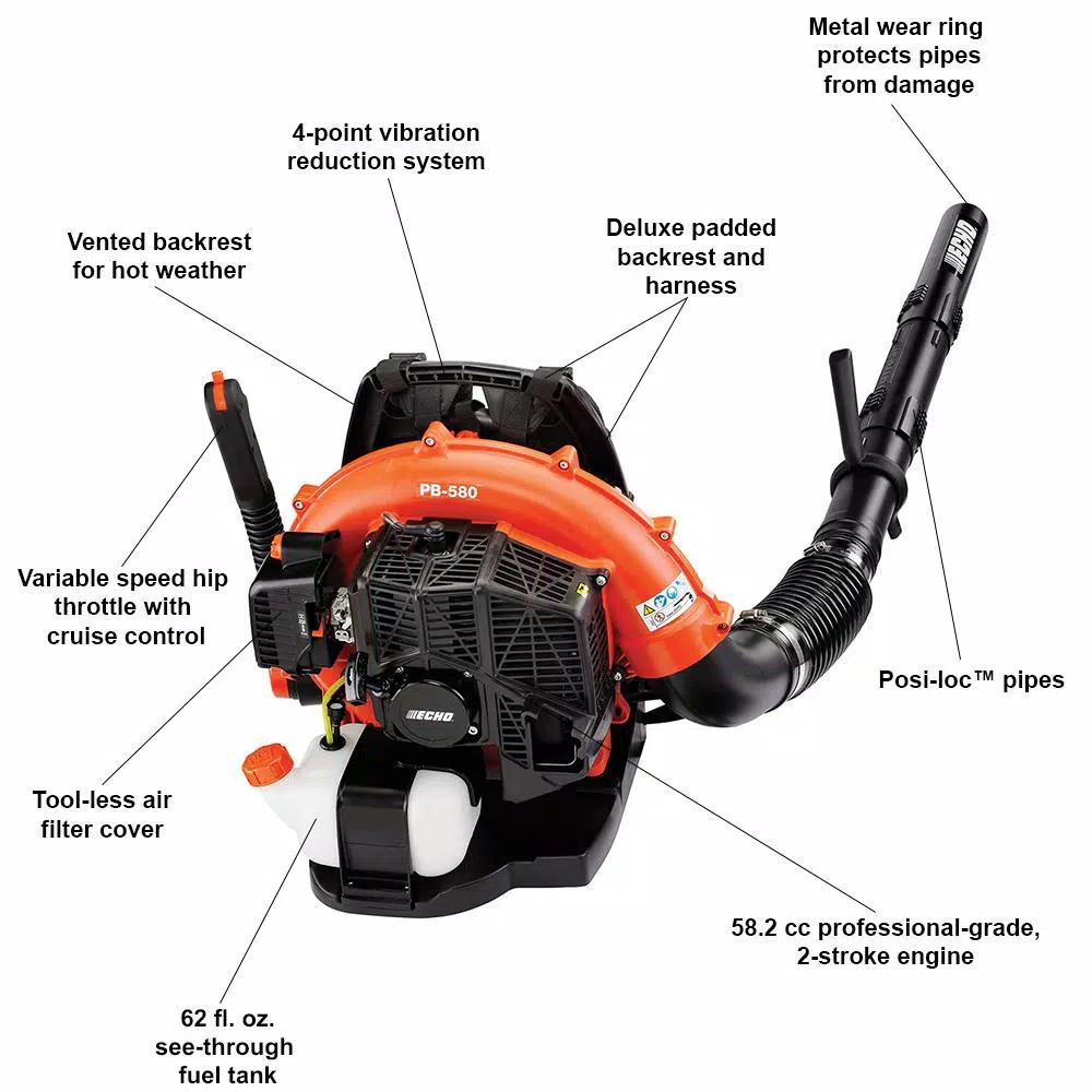 ECHO PB-580H 58.2 cc Gas Backpack Leaf Blower, 517 CFM, 216 MPH