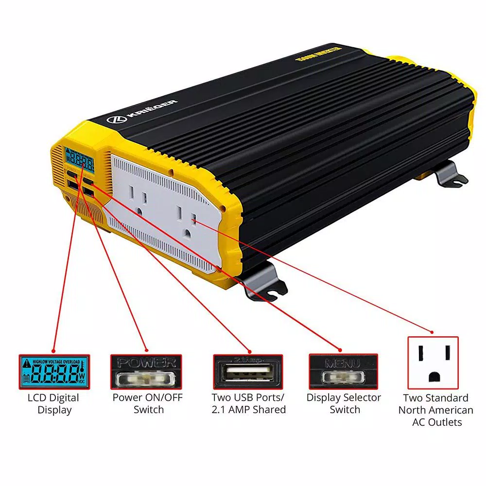 Krieger 1100-Watt 12V to 120V Power Inverter with LCD Display and Installation Kit