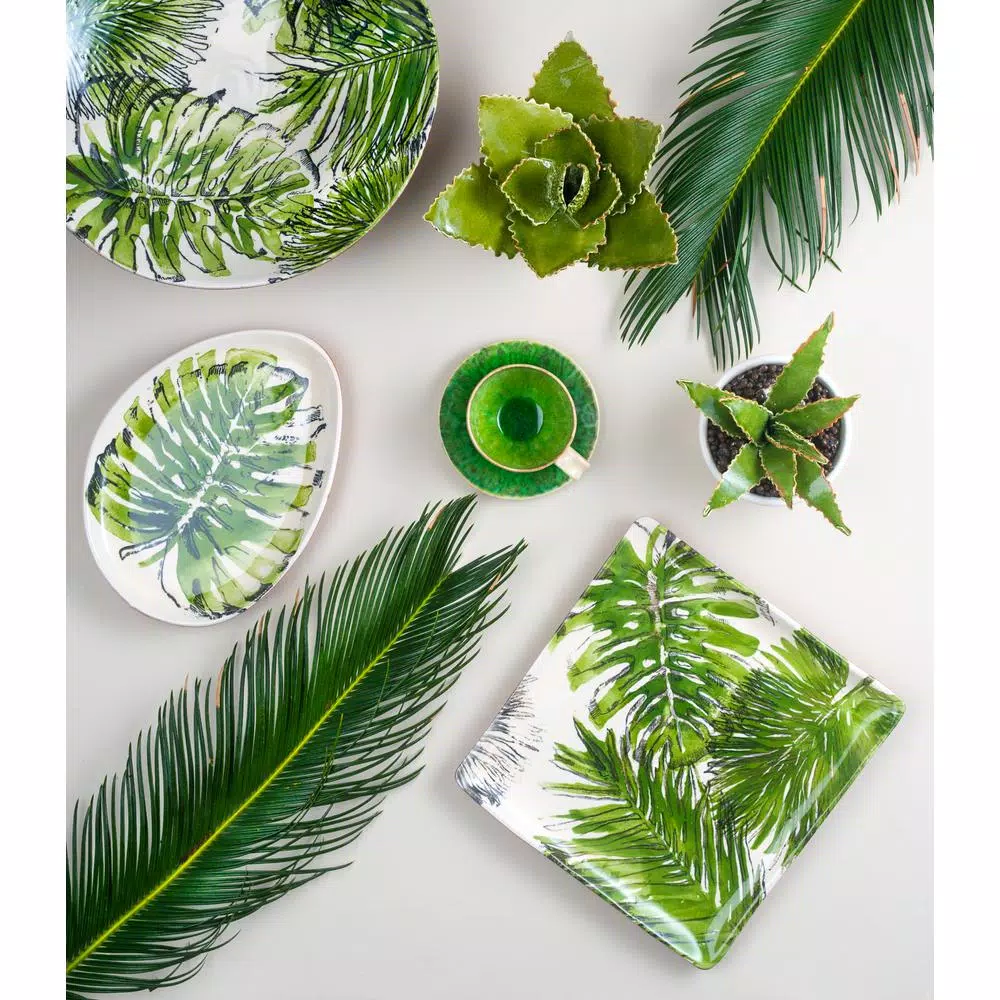 Abigails Palmetto Hand-Painted White Ceramic Square Serving Platter, 13-Inch