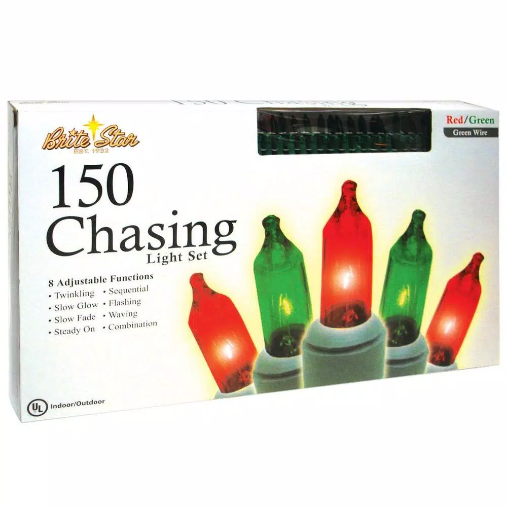 Brite Star 150-Light Red and Green Chasing String Lights, 8 Functions, Green Wire (Set of 2)