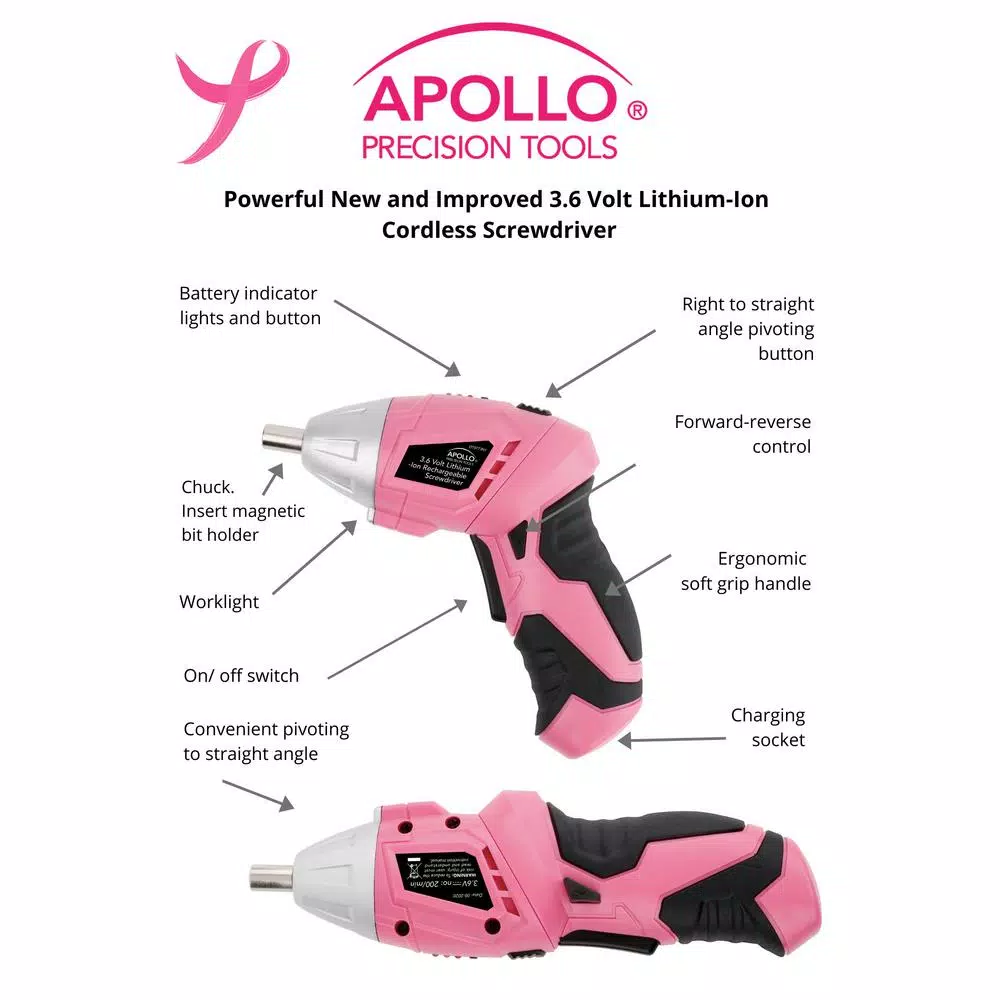 Apollo 135-Piece Home Tool Kit with 3.6V Cordless Screwdriver in Pink