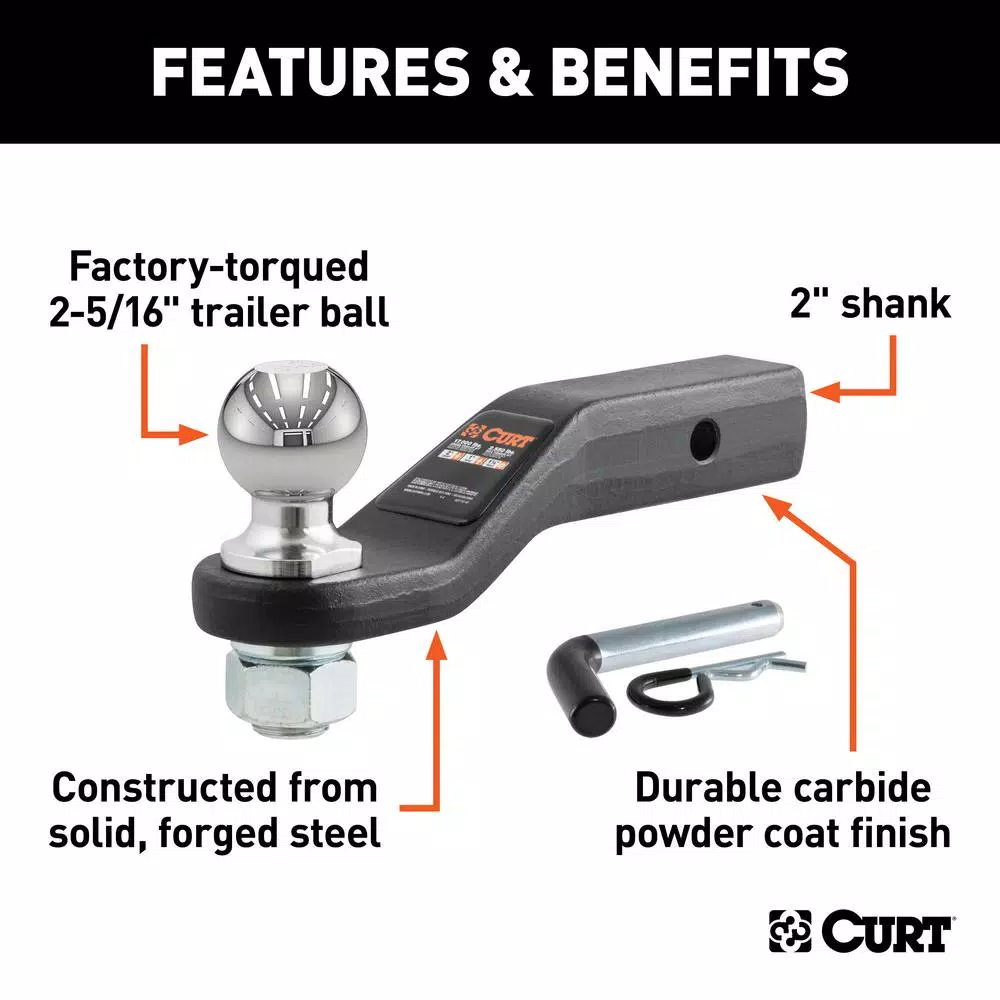 CURT Forged Steel Ball Mount, 2 in. Shank, 2 in. Drop, 15,000 lbs. Capacity, 2-5/16 in. Ball