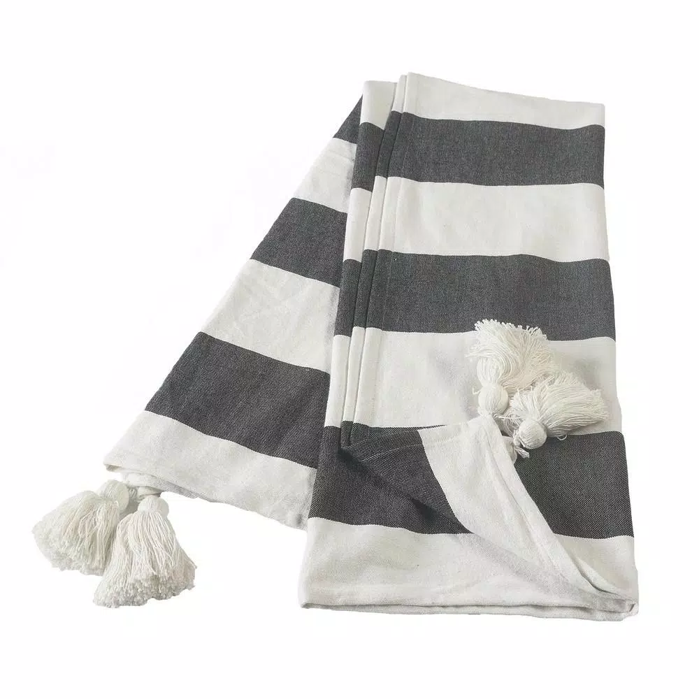 LR Home Metty Charcoal and Ivory Bold Striped Tasseled Cotton Throw Blanket