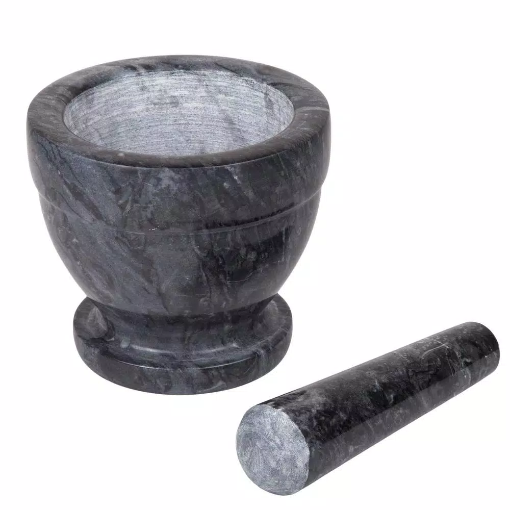Creative Home Natural Black Marble Mortar and Pestle Set, 5-1/4 in. Stone Grinder for Spices and Herbs