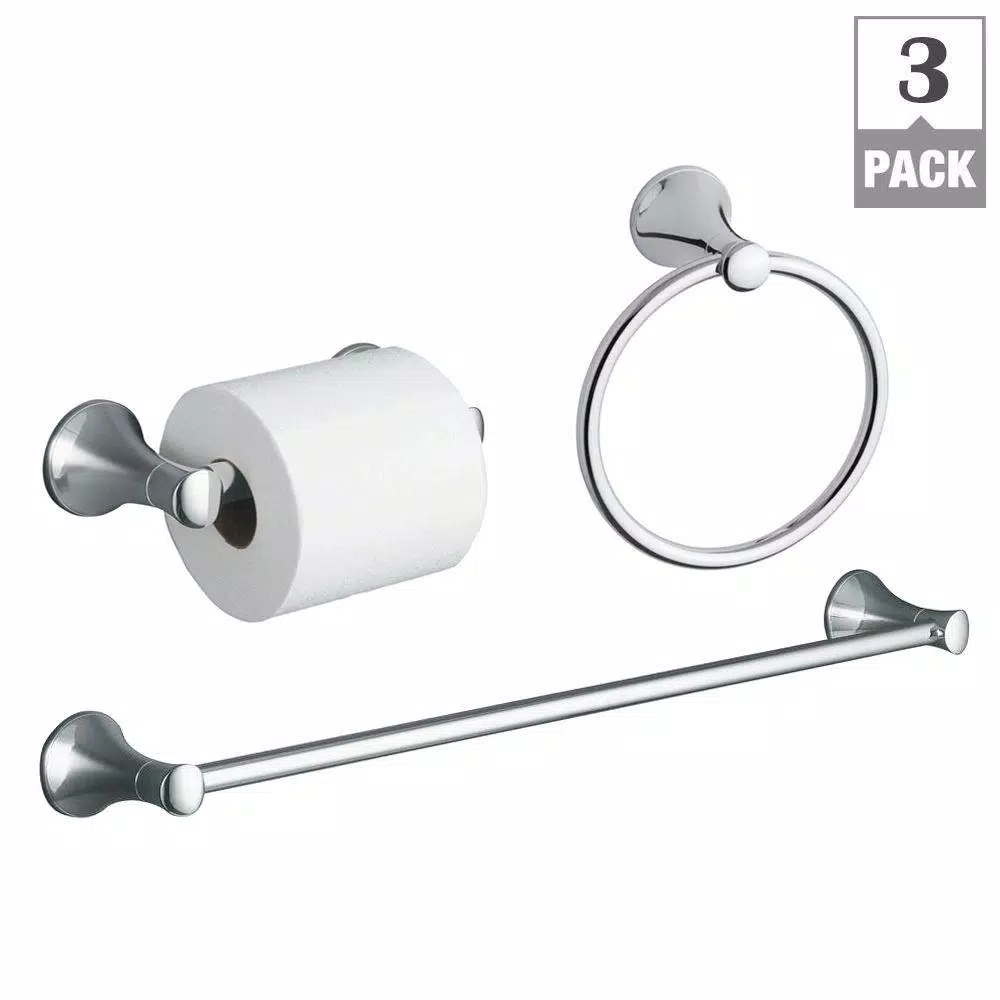 KOHLER Coralais 3-Piece Polished Chrome Bath Hardware Set: Towel Bar, Towel Ring & Toilet Paper Holder
