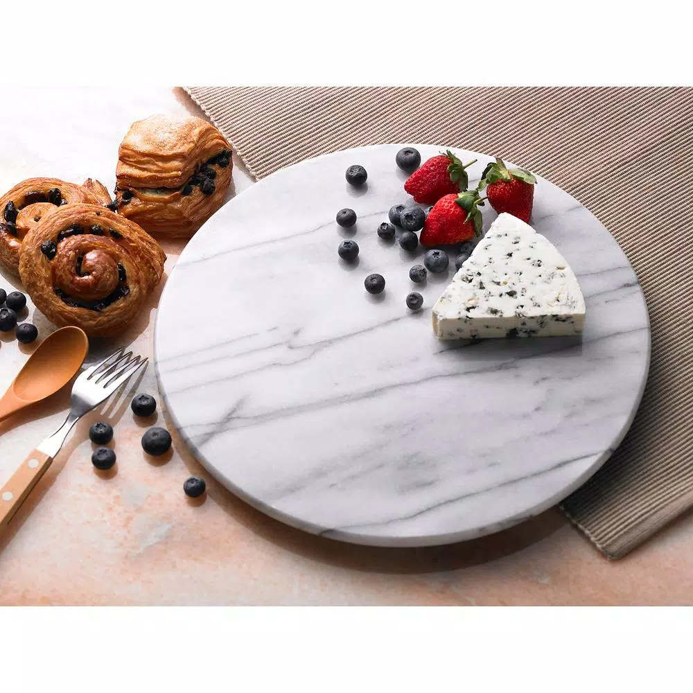 Creative Home 12 in. Natural Off-White Marble Round Serving Board for Cheese, Dessert, and Cake