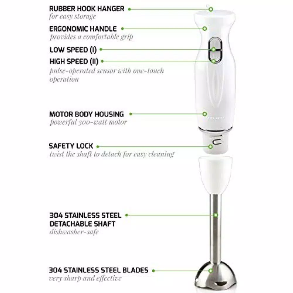 Ovente HS560 300W Immersion Hand Blender, 2-Speed Stainless Steel Stick Mixer, White