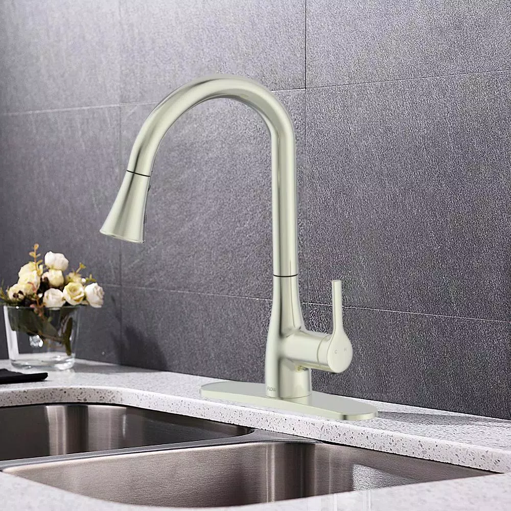 FLOW Series Classic Single-Handle Pull Down Kitchen Faucet, Brushed Nickel