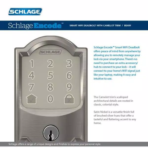 Schlage Encode Smart WiFi Deadbolt with Alarm, Satin Nickel