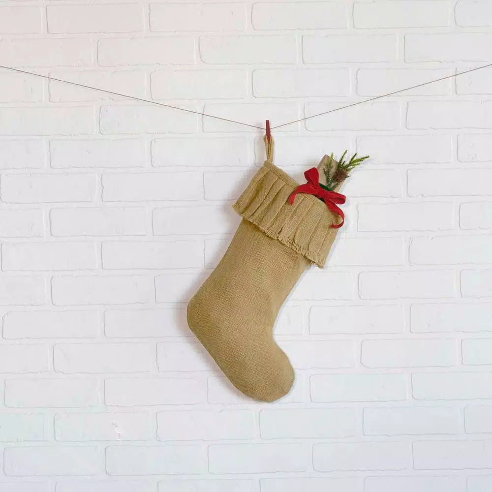 VHC Brands 15 in. Natural Cotton Burlap Ruffled Christmas Stocking - Farmhouse Style
