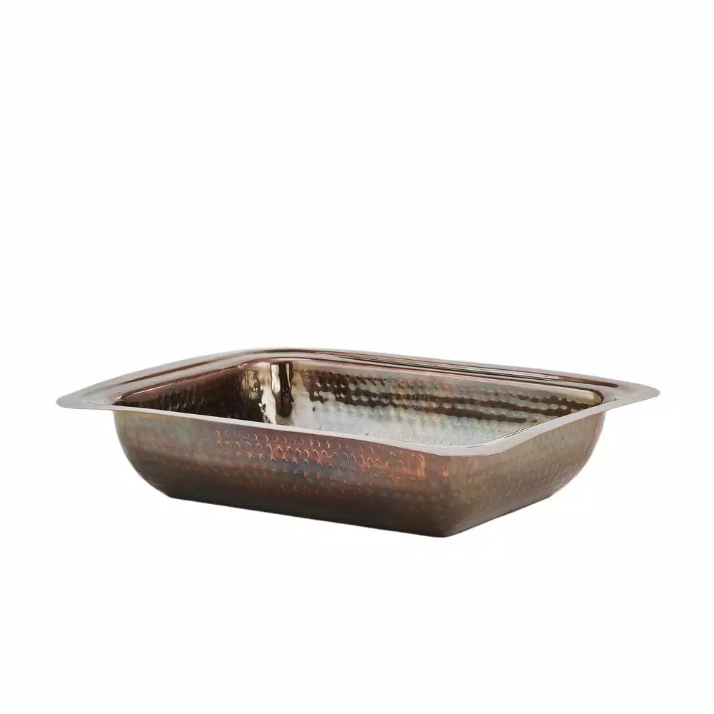 Old Dutch 4 Qt. Rectangular Antique Copper Hammered Chafing Dish with Stainless Steel Pan and Iron Stand