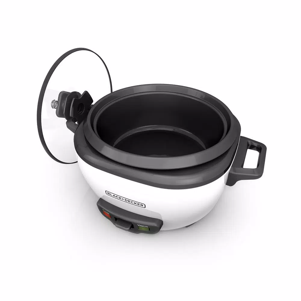 BLACK+DECKER 3-Cup White Electric Rice Cooker with Steaming Basket and Non-Stick Pot