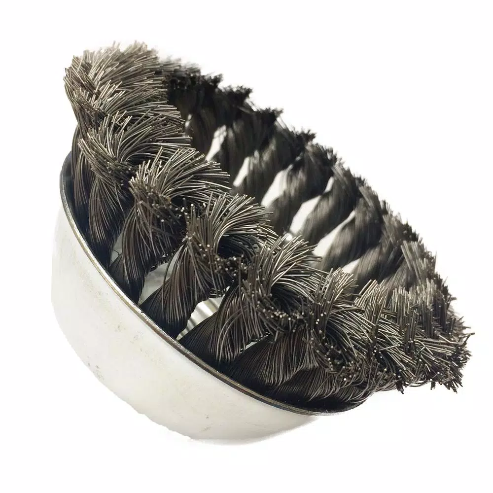 Robtec 4 in. Knotted Steel Wire Cup Brush, 5/8"-11 Threaded Arbor, 0.014 in. Wire