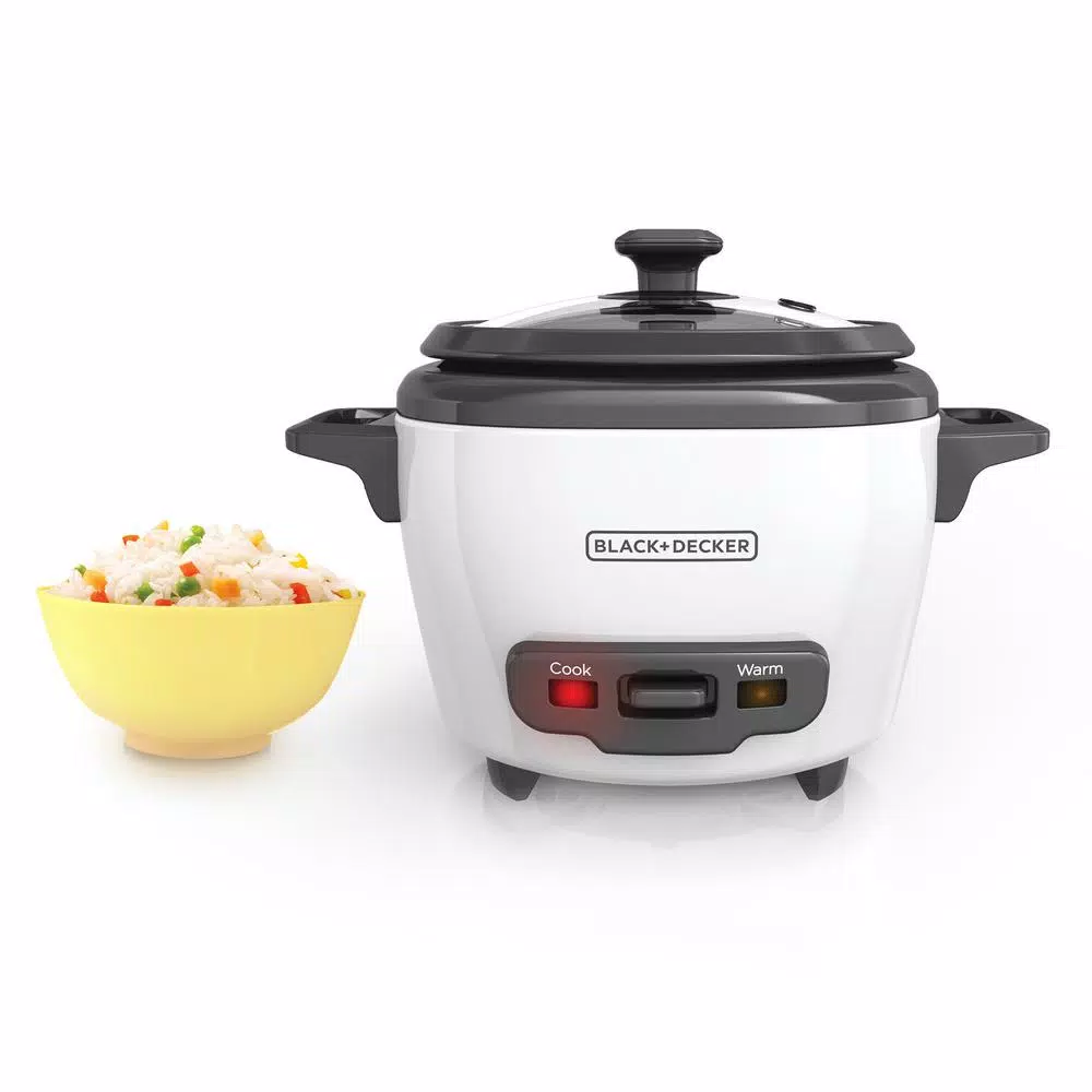 BLACK+DECKER 3-Cup White Electric Rice Cooker with Steaming Basket and Non-Stick Pot