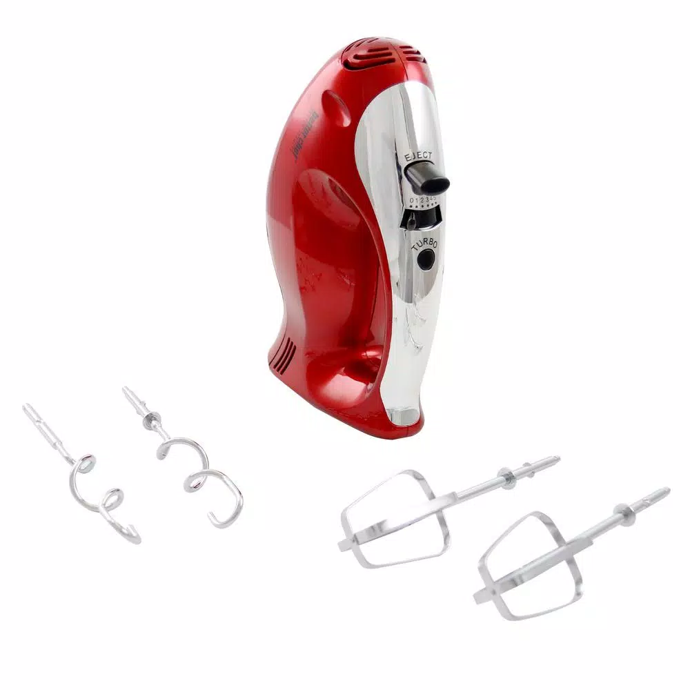 Better Chef 5-Speed Red Hand Mixer with Stainless Steel Beaters and Dough Hooks