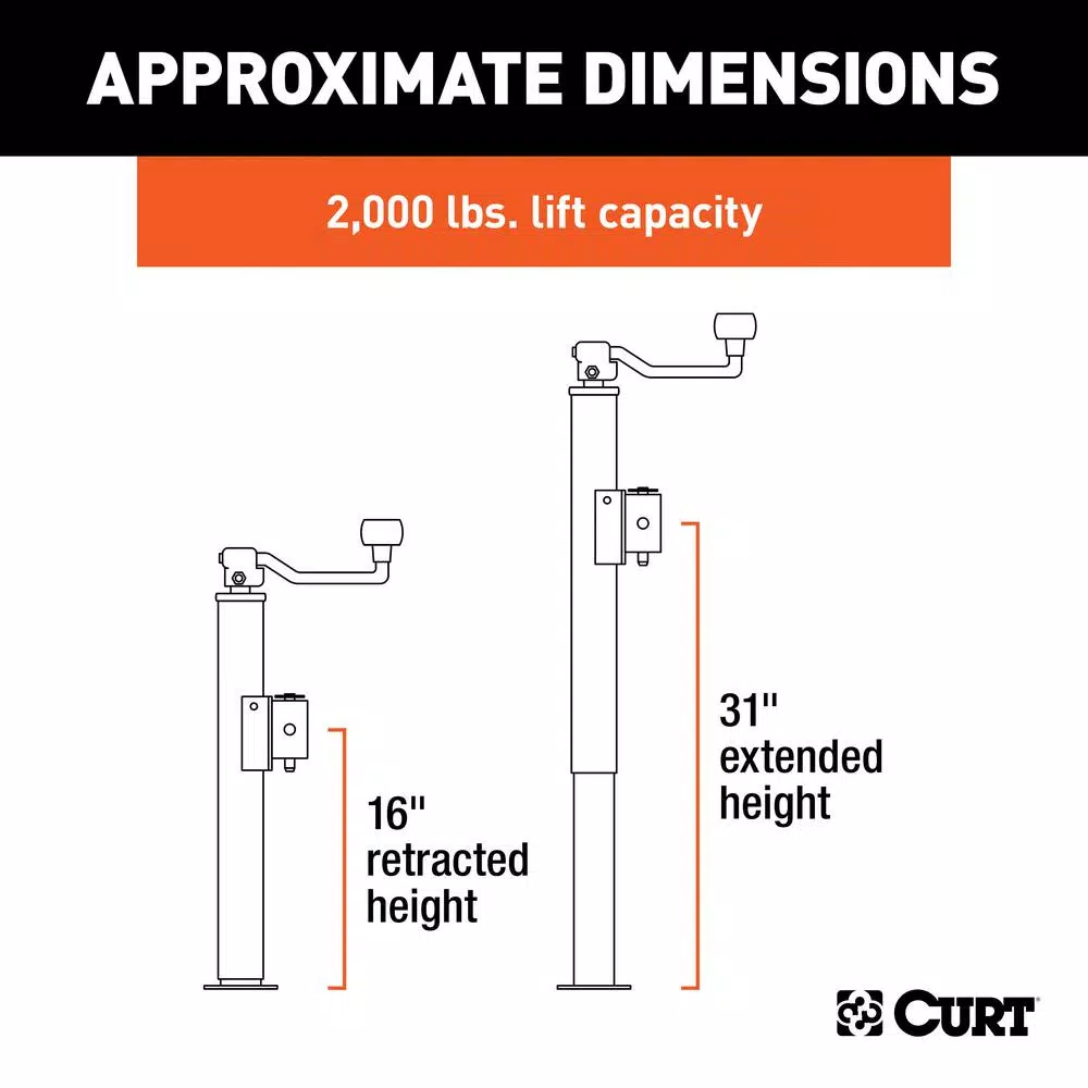 CURT Pipe-Mount Swivel Trailer Jack with Top Handle, 2,000 lbs. Capacity, 15 in. Travel