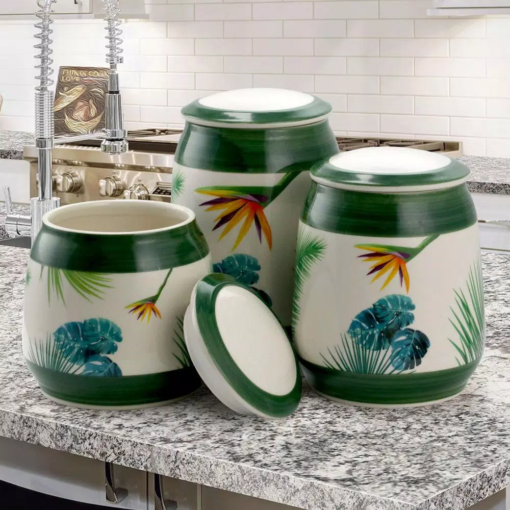 Elama Paradise Palms 3-Piece Green Ceramic Kitchen Canister Set with Airtight Lids