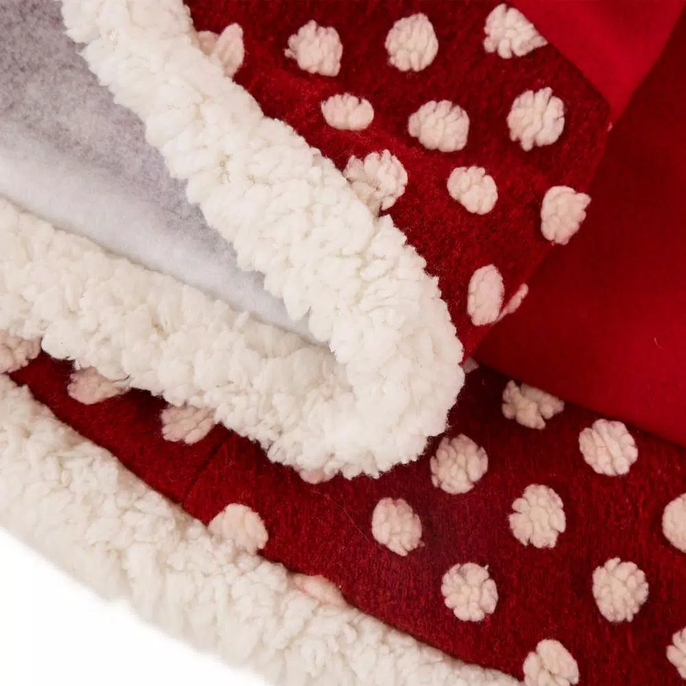 Glitzhome 48 in. Red and White Polka Dot Pompom Fabric Christmas Tree Skirt