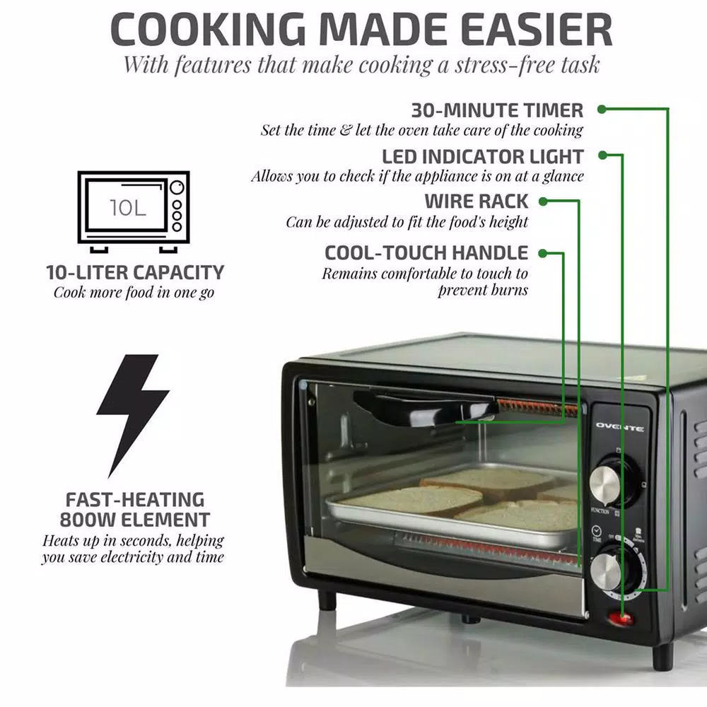 Ovente 800W Electric Toaster Oven, 10L Compact Oven with 3 Cooking Modes and 30-Min Timer, Black