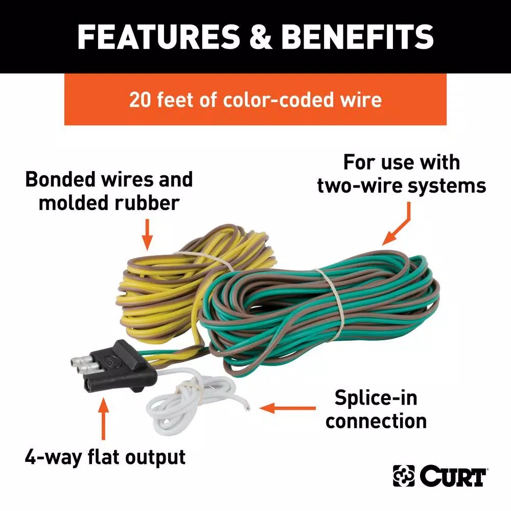 CURT 4-Way Flat Trailer Connector Kit with 20' Color-Coded Wires
