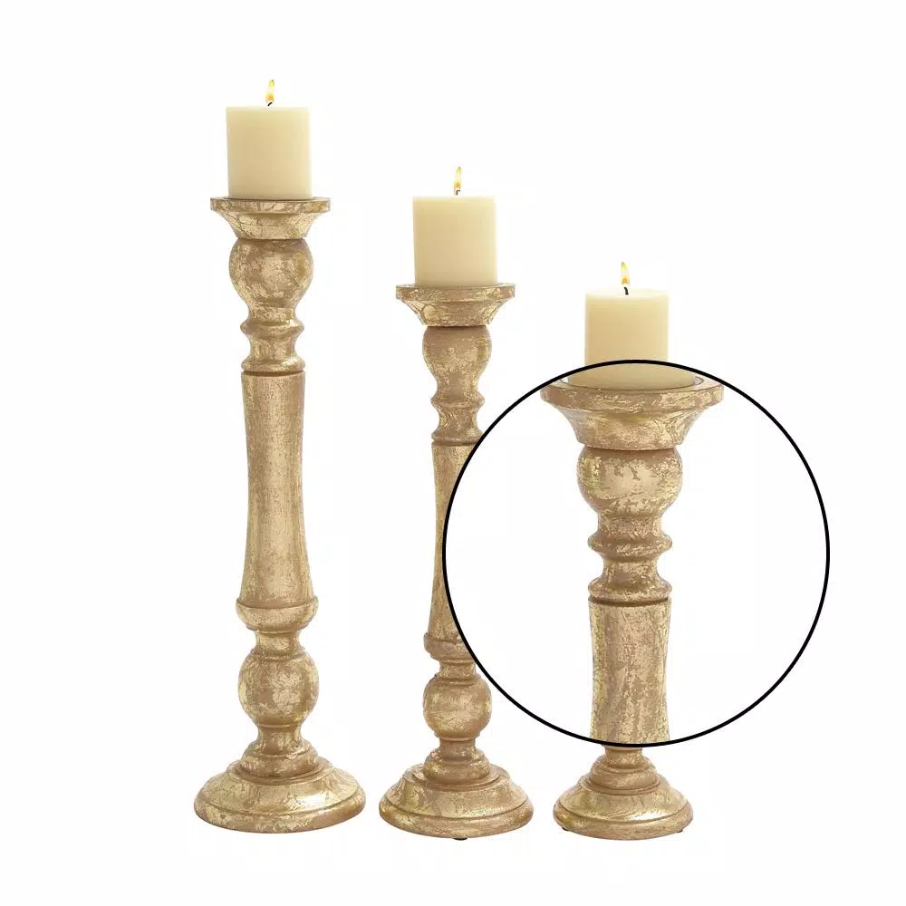 LITTON LANE Golden Mango Wood Candle Holder Set, Set of 3, Distressed Gold Finish